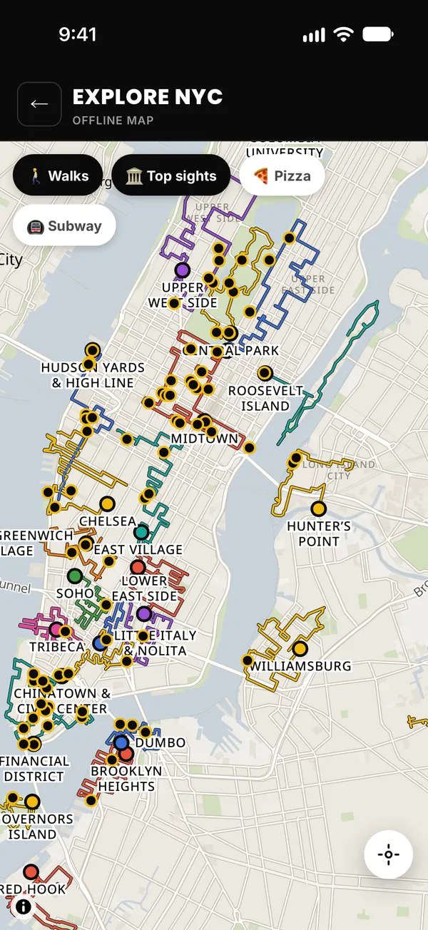 The explore map with every walk, top sights and pizza